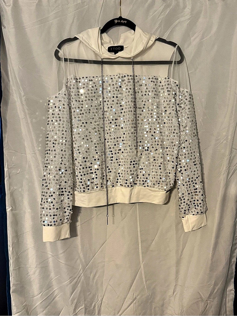 ITOO FASHION Sequin Hooded Bomber Jacket in White Size Large